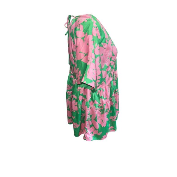 ENTRO Pink Green Floral Satin Tiered Babydoll Blouse Tassel Tie Back L Boho - Picture 10 of 10